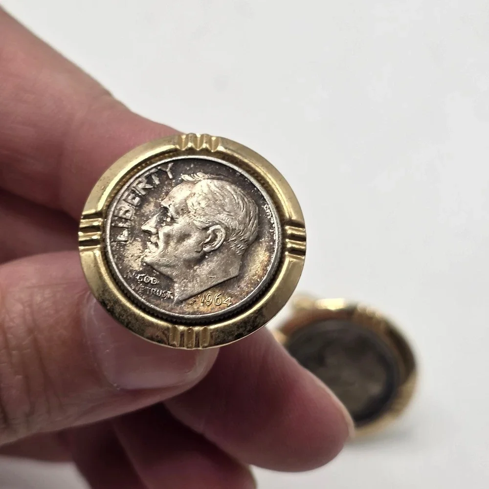 1964 Silver Dime Cufflinks Mens Gold Tone Roosevelt Coin Vintage Gift